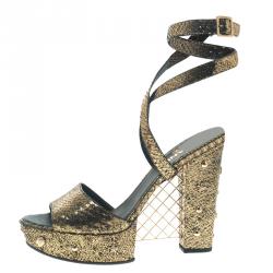 Chanel Metallic Gold Python Ankle Strap Platform Sandals Size 41