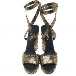 Chanel Metallic Gold Python Ankle Strap Platform Sandals Size 41