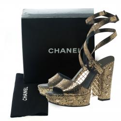 Chanel Metallic Gold Python Ankle Strap Platform Sandals Size 41