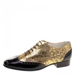 Pre Owned Chanel Metallic Gold And Black Patent Brogue Leather Lace-Up Oxford Size 40.5