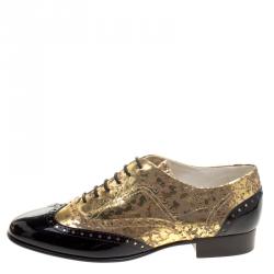 Pre Owned Chanel Metallic Gold And Black Patent Brogue Leather Lace-Up Oxford Size 40.5