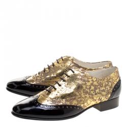 Pre Owned Chanel Metallic Gold And Black Patent Brogue Leather Lace-Up Oxford Size 40.5
