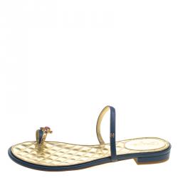 مملوكة مسبقًا Chanel Blue Leather Enamel Embellished Toe Ring Flat Sandals Size 38.5