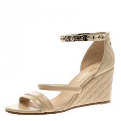 Chanel Beige Quilted Leather Charm Embellished Ankle Cuff Wedge Sandals Size 40.5