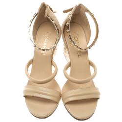 Chanel Beige Quilted Leather Charm Embellished Ankle Cuff Wedge Sandals Size 40.5