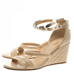 Chanel Beige Quilted Leather Charm Embellished Ankle Cuff Wedge Sandals Size 40.5