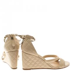 Chanel Beige Quilted Leather Charm Embellished Ankle Cuff Wedge Sandals Size 40.5