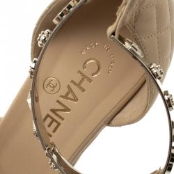 Chanel Beige Quilted Leather Charm Embellished Ankle Cuff Wedge Sandals Size 40.5