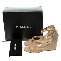 Chanel Beige Quilted Leather Charm Embellished Ankle Cuff Wedge Sandals Size 40.5