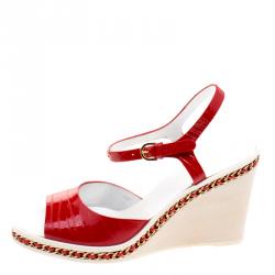 Chanel Red Patent Leather Chain Detail Ankle Strap Wedge Sandals Size 40
