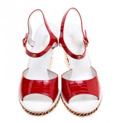 Chanel Red Patent Leather Chain Detail Ankle Strap Wedge Sandals Size 40