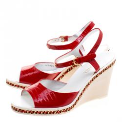 Chanel Red Patent Leather Chain Detail Ankle Strap Wedge Sandals Size 40
