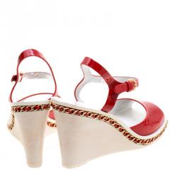 Chanel Red Patent Leather Chain Detail Ankle Strap Wedge Sandals Size 40