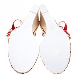 Chanel Red Patent Leather Chain Detail Ankle Strap Wedge Sandals Size 40
