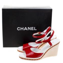 Chanel Red Patent Leather Chain Detail Ankle Strap Wedge Sandals Size 40