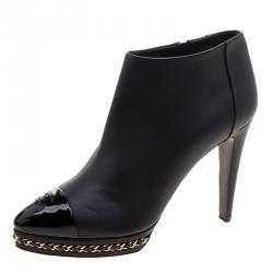 Chanel Black Leather CC Chain Link Ankle Booties Size 39.5
