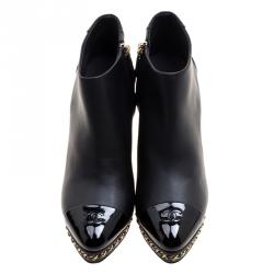 Chanel Black Leather CC Chain Link Ankle Booties Size 39.5