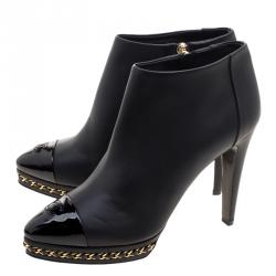 Chanel Black Leather CC Chain Link Ankle Booties Size 39.5