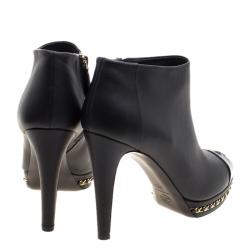 Chanel Black Leather CC Chain Link Ankle Booties Size 39.5