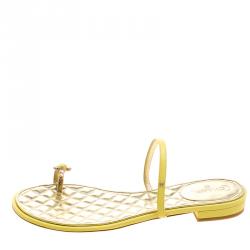 Chanel Yellow Leather Enamel Embellished Toe Ring Flat Sandals Size 41