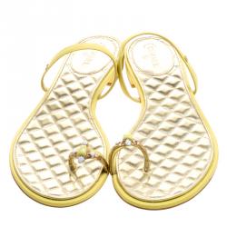 Chanel Yellow Leather Enamel Embellished Toe Ring Flat Sandals Size 41