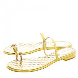 Chanel Yellow Leather Enamel Embellished Toe Ring Flat Sandals Size 41