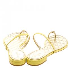 Chanel Yellow Leather Enamel Embellished Toe Ring Flat Sandals Size 41