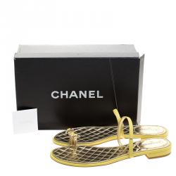 Chanel Yellow Leather Enamel Embellished Toe Ring Flat Sandals Size 41