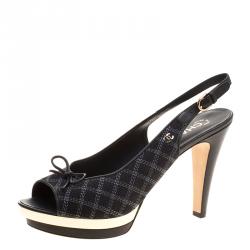 مملوكة مسبقًا Chanel Black Checkered Embroidered Canvas Peep Toe Platform Slingback Sandals Size 42