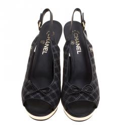 مملوكة مسبقًا Chanel Black Checkered Embroidered Canvas Peep Toe Platform Slingback Sandals Size 42