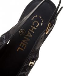 مملوكة مسبقًا Chanel Black Checkered Embroidered Canvas Peep Toe Platform Slingback Sandals Size 42