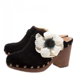 Pre Owned Chanel Black Suede Camellia Embellished Wooden Clogs Size 41
