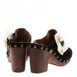 Pre Owned Chanel Black Suede Camellia Embellished Wooden Clogs Size 41