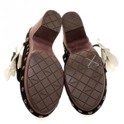 Pre Owned Chanel Black Suede Camellia Embellished Wooden Clogs Size 41