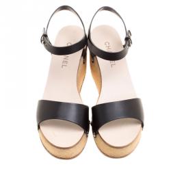 مملوكة مسبقًا Chanel Black Leather Ankle Strap Platform Wedge Sandals Size 40.5