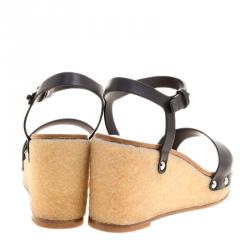 مملوكة مسبقًا Chanel Black Leather Ankle Strap Platform Wedge Sandals Size 40.5
