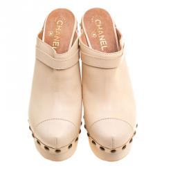 Chanel Beige Leather Studded Wood Platform Mules Size 39.5