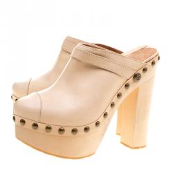 Chanel Beige Leather Studded Wood Platform Mules Size 39.5