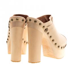 Chanel Beige Leather Studded Wood Platform Mules Size 39.5