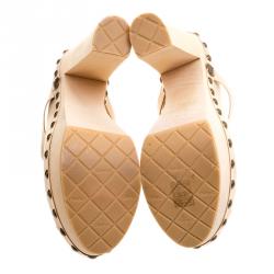 Chanel Beige Leather Studded Wood Platform Mules Size 39.5