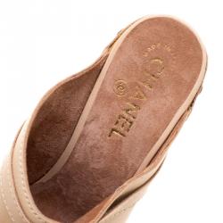 Chanel Beige Leather Studded Wood Platform Mules Size 39.5