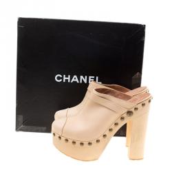 Chanel Beige Leather Studded Wood Platform Mules Size 39.5