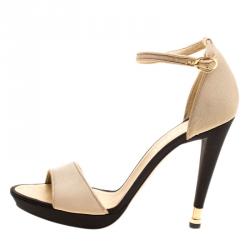 Chanel Beige Fabric Ankle Strap Peep Toe Platform Sandals Size 41