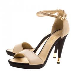 Chanel Beige Fabric Ankle Strap Peep Toe Platform Sandals Size 41