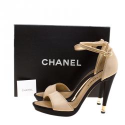 Chanel Beige Fabric Ankle Strap Peep Toe Platform Sandals Size 41