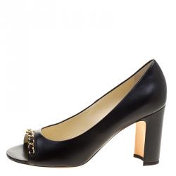 Pre Owned Chanel Black Leather Chain Trim Peep Toe Pumps Size 37