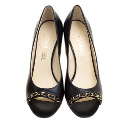 Pre Owned Chanel Black Leather Chain Trim Peep Toe Pumps Size 37