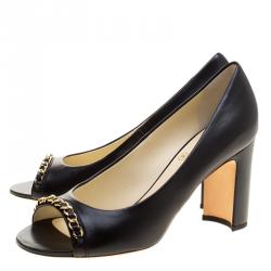 Pre Owned Chanel Black Leather Chain Trim Peep Toe Pumps Size 37