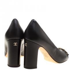 Pre Owned Chanel Black Leather Chain Trim Peep Toe Pumps Size 37