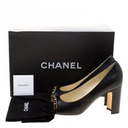 Pre Owned Chanel Black Leather Chain Trim Peep Toe Pumps Size 37